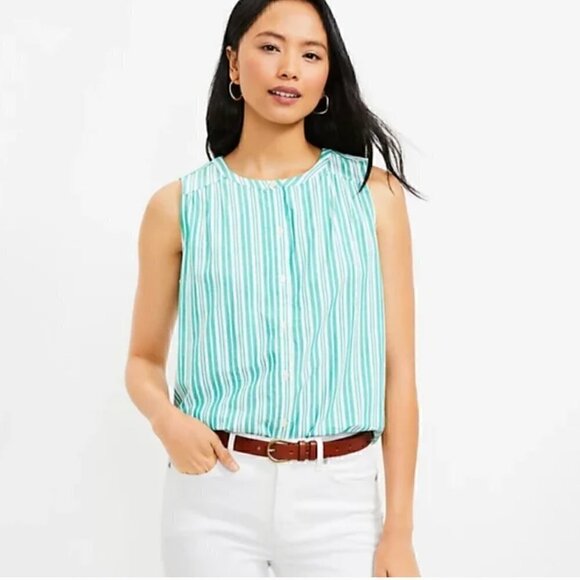 LOFT Green Striped Sleeveless Button Front Shirt - Picture 1 of 8